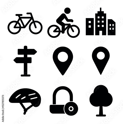 City Bike-Share Icons. Solid, filled icons set of a person using a city bike-sharing program, riding through