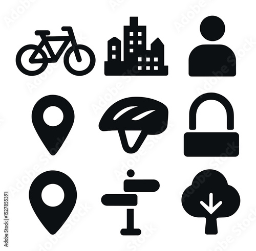 City Cycling Icons. Solid, filled icons set of cycling in city bike lanes: bike, city skyline, person icon,