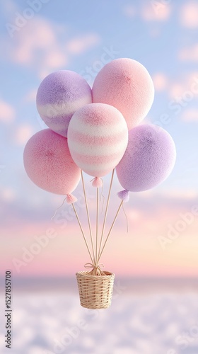 A bunch of pastel-colored heart-shaped balloons floating against a dreamy sky. Soft clouds enhance the whimsical and loving atmosphere, celebration, romance and Valentine day