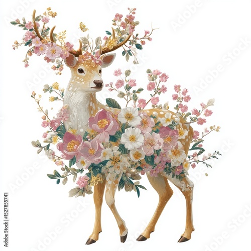 Elegant deer surrounded by vibrant flowers in a whimsical nature design, blending wildlife with floral elements in pastel colors