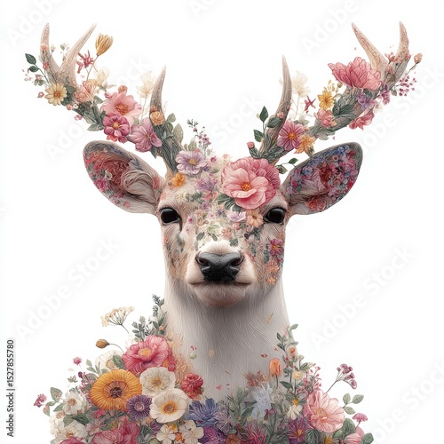 Majestic deer adorned with vibrant flowers and foliage, symbolizing nature's beauty and harmony in stunning artistic representation