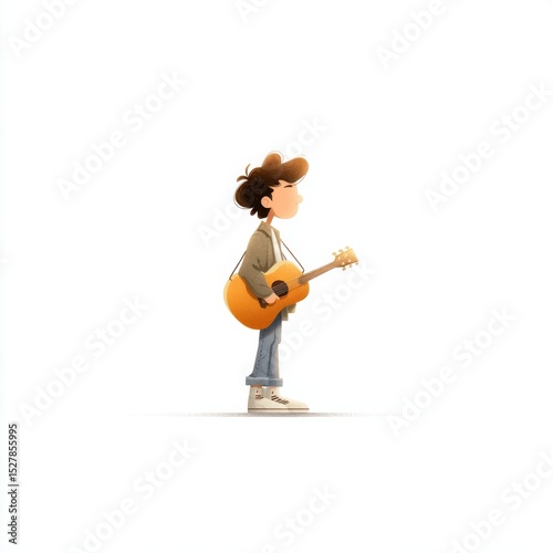 Cartoon character stands with guitar, showcasing creative expression and music passion in a playful and minimalist design style