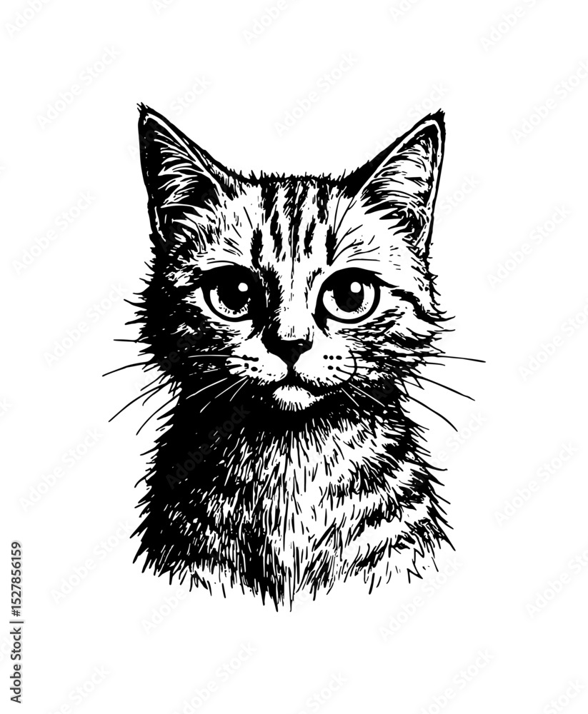 Detailed vector illustration of a cat's head and upper chest with textured fur and expressive facial features