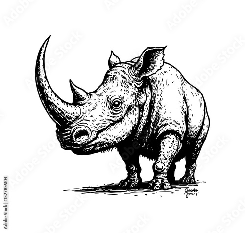 Intricate Black and White Vector Illustration of a Rhinoceros in Detailed Line Art Style