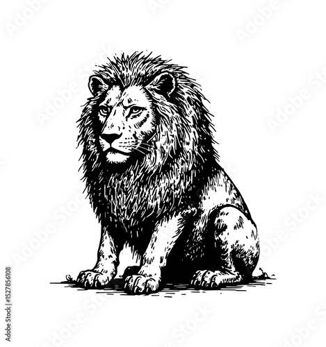 Majestic lion with detailed mane sitting calmly in vector illustration