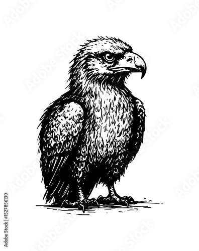 Monochrome Vector Illustration of a Majestic Eagle Standing with Intricate Feather Detail Facing Right