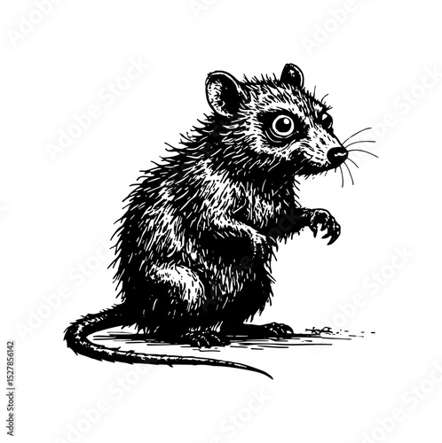 Detailed vector illustration of a small rodent standing upright with textured fur, long tail, and prominent whiskers
