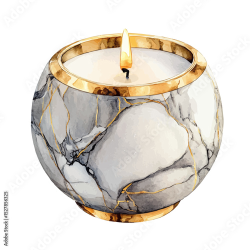Marble Candle Holder With Gold Trim, watercolor painting vector, high quality, isolated on a white background.