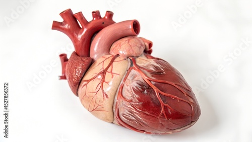 Detailed anatomical model of a human heart showcasing chambers ventricles arteries veins and vessels ideal for medical education healthcare professionals research publications or anatomical studies.