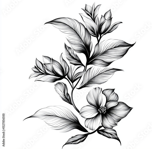 Design a tattoo pattern that combines leaves and European patterns, European retro, black and white