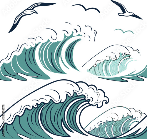 Elegant Ocean Waves Design perfect for branding projects, logos, and website decoration, featuring stylized seagulls soaring above crashing teal waves.