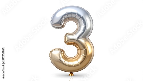 Number three balloon silver and gold foil balloon for birthday party celebration decoration element generative ai 