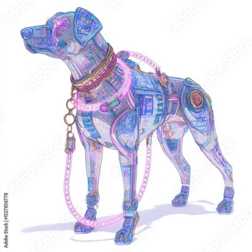 Futuristic Robotic Dog with Circuit Patterns and Neon Glow in a White Background