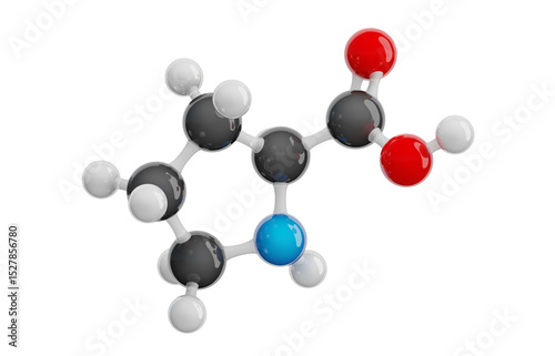 Fototapeta Naklejka Na Ścianę i Meble -  Proline (Pro) molecule isolated on transparent background. Conditionally essential amino acid. Molecular formula: C5H9NO2. Chemical model: Ball and stick. 3D illustration.