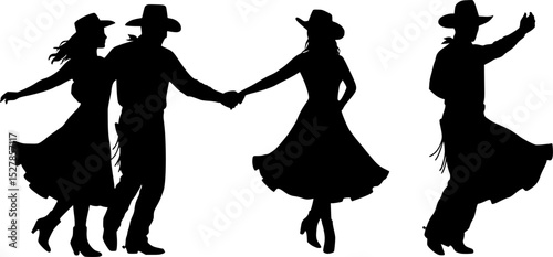 Silhouette of a cowboy and cowgirl dancing country-western. vector set
