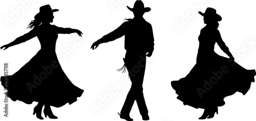 Silhouette of a cowboy and cowgirl dancing country-western. vector set
