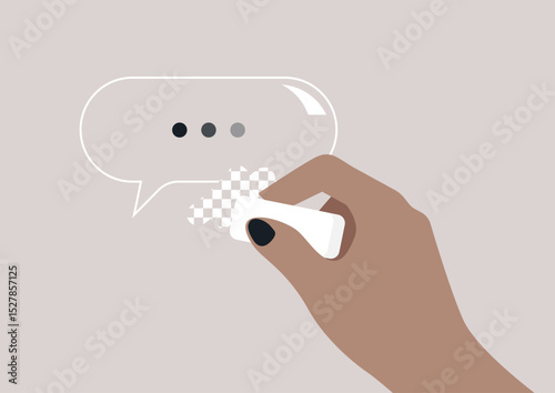A hand with an eraser touches a vibrant speech bubble of colored dots—symbolizing censorship or content editing, a message subtly altered or entirely erased