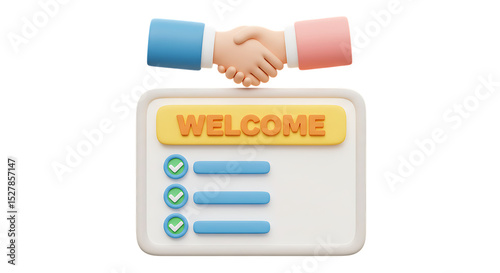 3d render of a welcome sign with handshake and checklist isolated on white background