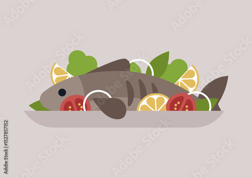A side view showcases fish artistically arranged with slices of lemons, red tomatoes, onion rings, and leaves, all served on a plate