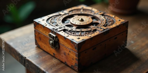 Intricate wooden puzzle box with interwoven gears and latches, a captivating challenge for logic and dexterity Solve the mystery to unlock its secrets , wooden puzzle, wooden