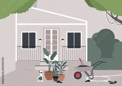 A modern two-story home with a small front porch displays potted plants, gardening tools, and a wheelbarrow with soil, suggesting an afternoon spent tending to the small garden
