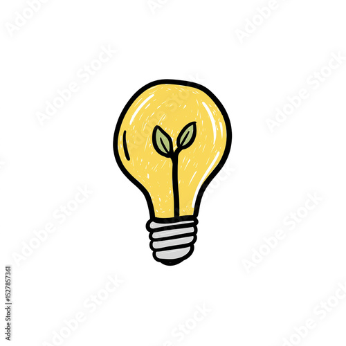 charming sketch of lightbulb with green plant growing inside isolated on white background