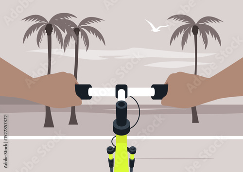 Experience the thrill of riding a vibrant bicycle along a sandy beach, Palm trees line the horizon as a seagull soars overhead, providing a serene and picturesque coastal journey