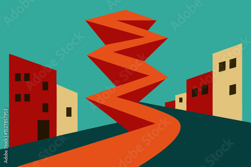 Abstract Cityscape Zigzag Road and Buildings Illustration
