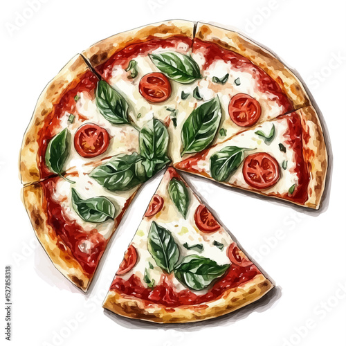 Margherita Pizza, watercolor illustration vector, high quality, isolated on a white background.