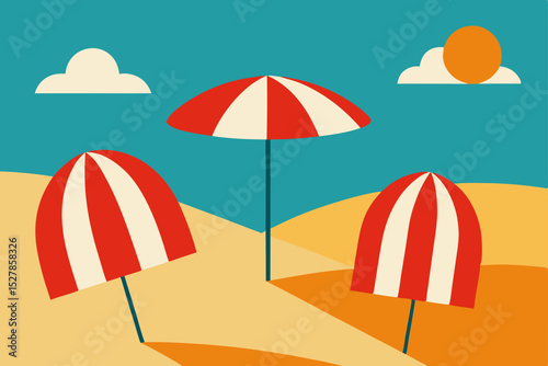 Sunny Beach Day Relaxing under Striped Umbrellas on Golden Sands
