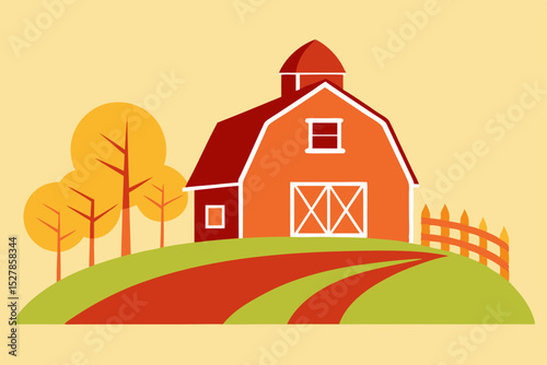 Charming Autumn Farm Scene Red Barn, Winding Roads, and Golden Trees