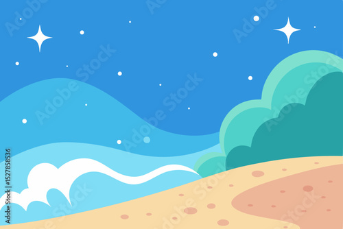 Serene Night by the Ocean Beach, Waves, and Starry Sky Illustration