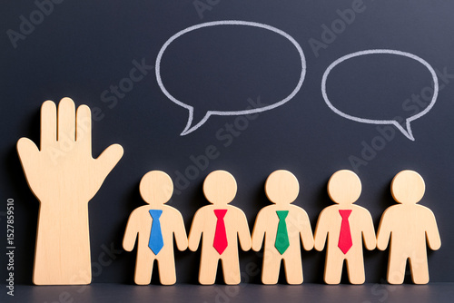 Large hand shaped figure and five smaller human shaped figures with ties and speech bubbles above them create scene of communication and idea sharing, emphasizing innovation and generation
