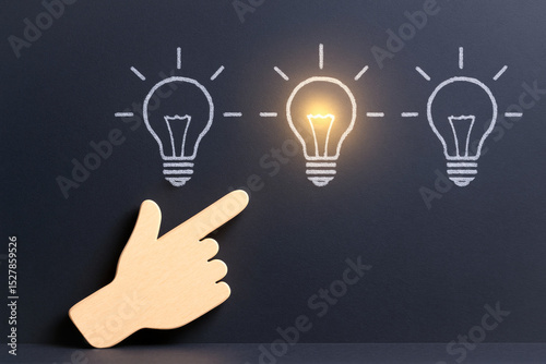 Hand pointing to glowing light bulb illustration on dark background symbolizes innovation and idea generation in creative process