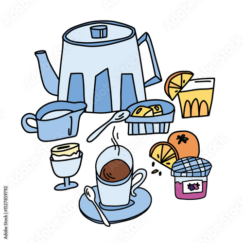 Doodle style breakfast coffee or tea set with teapot, tea, butter, egg and jam jar