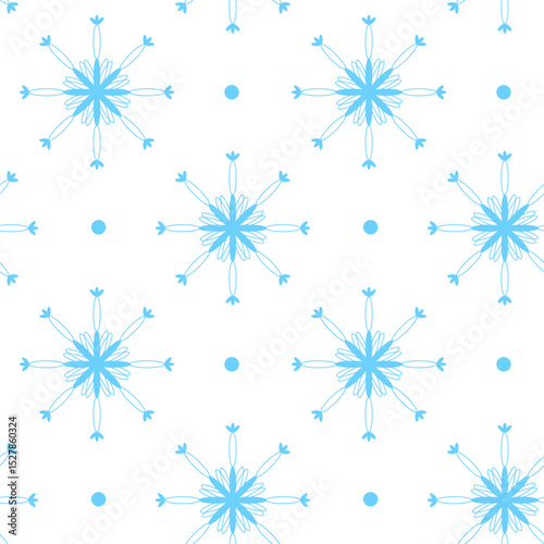 Christmas background with blue snowflakes and stars seamless pattern. Snowflakes with different complex details. Retro textile ornament. Vector