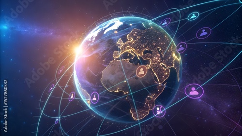 Mesmerizing Radiant Digital Globe with Ethereal Icons in Vibrant Futuristic Tech Harmony