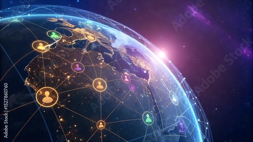 Mesmerizing Radiant Digital Globe with Ethereal Icons in Vibrant Futuristic Tech Harmony