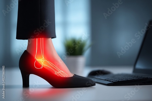 Office worker wearing high heels with an overlay displaying metatarsalgia in the left foot the inflamed metatarsal area glowing red