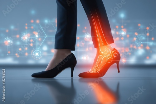 Office worker wearing high heels with an overlay displaying metatarsalgia in the left foot the inflamed metatarsal area glowing red