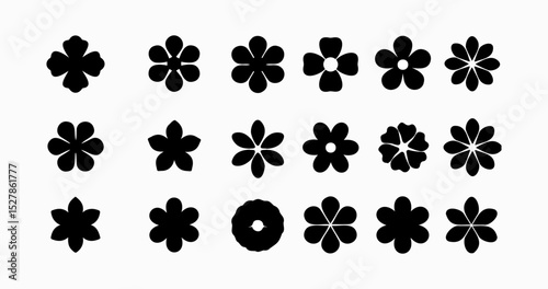 A clean and versatile set of black flower silhouette icons, featuring multiple petal styles and abstract floral shapes on a transparent background. Ideal for logo design, branding, patterns, stationer