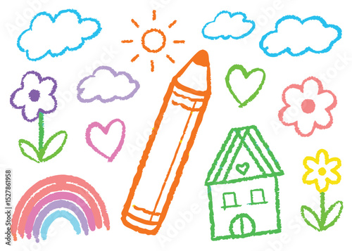 A vibrant vector illustration set of house icons, featuring a detailed pencil drawing of a home under the sun, perfect for architectural design or family concepts