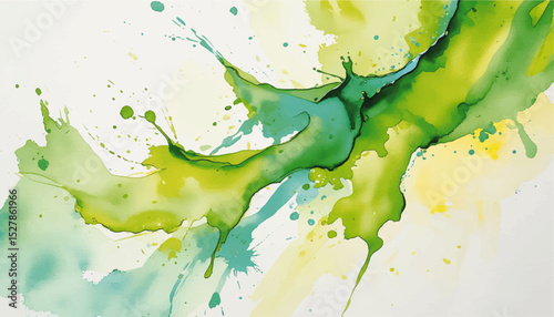 Painterly paint splashes on a textured abstract background using bold bright watercolor brushstrokes with a contrasting green color palette.