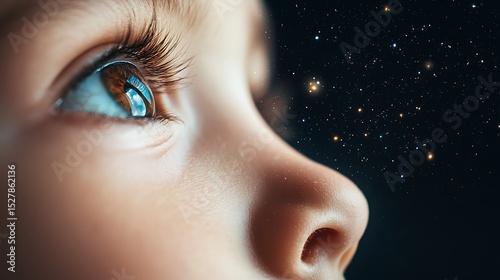 A close-up of a child's eye reflecting a starry night sky, symbolizing wonder, curiosity, and the vastness of the universe.