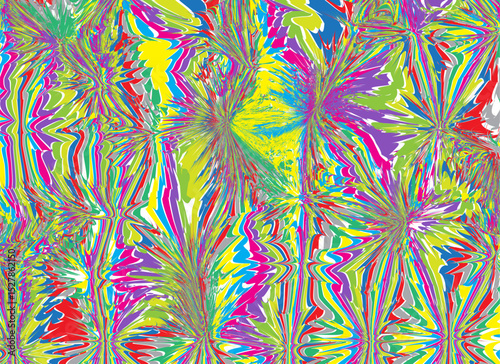 A brightly colored abstract pattern that resembles a burst of energy or an explosion of flowers, with sharp lines that spread out dynamically