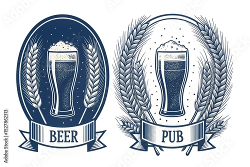 Beer and Pub Vintage Logos with Wheat, Glass, Ribbon