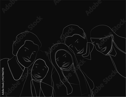 A group of people are standing together in a line. The image is black and white. Scene is that of a family or friends taking a picture together