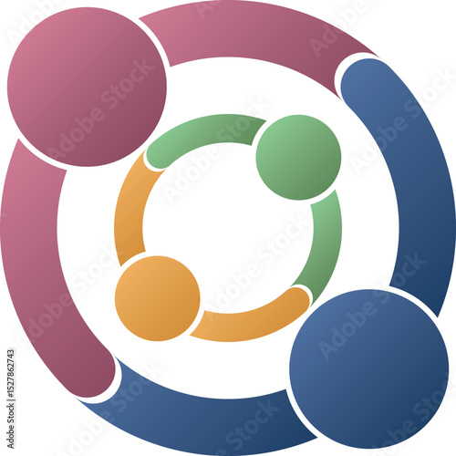 Vector illustration of a modern abstract family symbol, showing connection, unity, and generational bond through colorful circular shapes representing parents and children in harmony.