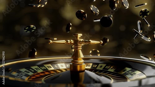 Luxury Golden Roulette Wheel with Falling Casino Chips Background Video
