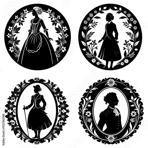 Silhouette portraits of women in floral frames in a vintage style black and white illustration design